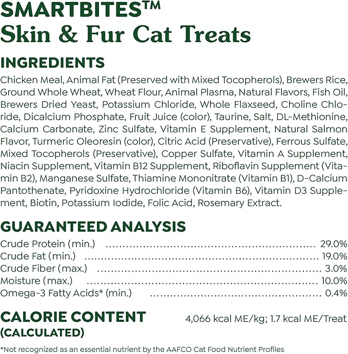 Greenies Feline Smartbites Skin & Fur Health Crunchy and Soft Cat Treats, Salmon Flavor, 4.6 oz. Pack-Mewly Pet
