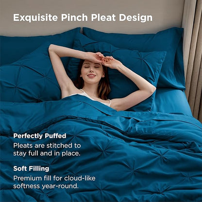 Bedsure Queen Comforter Set Teal - Bed in a Bag Queen Size Bedding 7 Pieces, GentleSoft™ Pintuck Bed Set Gift for Family, Pinch Pleat All Season Comforter with Sheets, Pillowcases & Shams