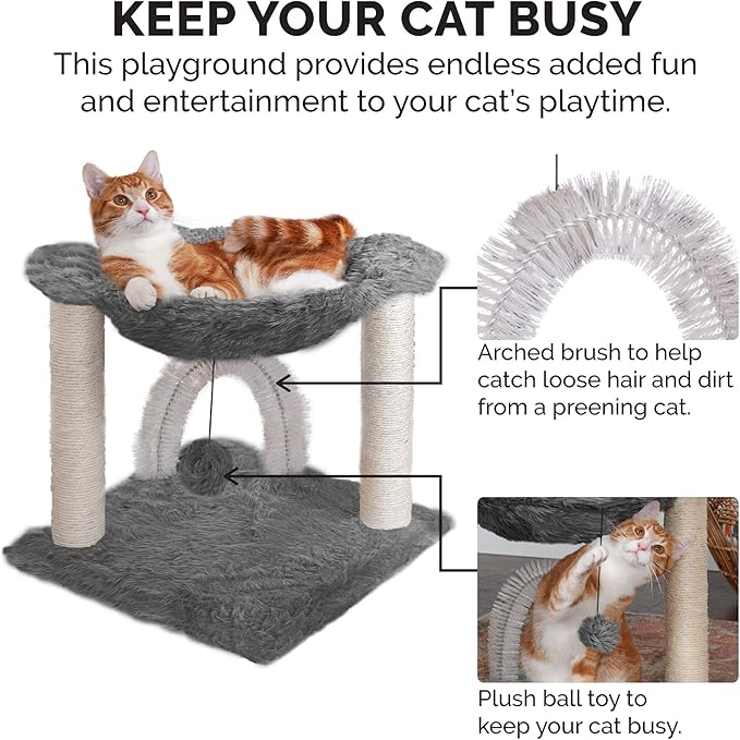 Furhaven 15.75" Tall Playground for Indoor Cats, Ft. Sisal Scratching Posts, Self-Grooming Brush, & Toy - Tiger Tough Hammock Interactive Playground - Silver, One Size-Mewly Pet