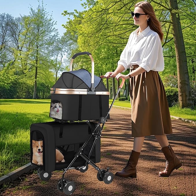 Double Pet Stroller for 2 Dogs or Cats, Folding Dog Stroller with 2 Detachable Carrier Bags, Safety Belt, 4 Lockable Wheels, Separate Compartments, for Multi-Pet Homes (Black)-Mewly Pet