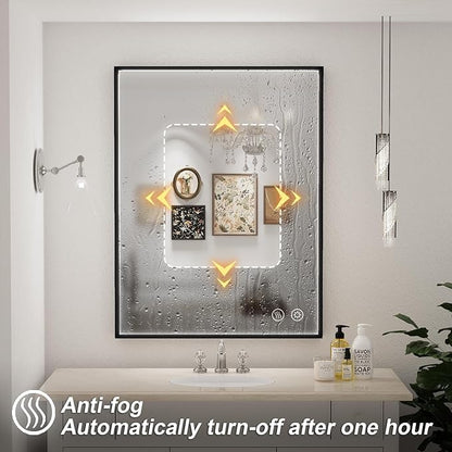 24X36 Inch LED Bathroom Mirror,Black Metal Framed Lighted Mirror,Wall Mouted LED Vanity Mirror with Lights, Stepless Dimmable, Anti-Fog, Memory(Horizontal/Vertical)