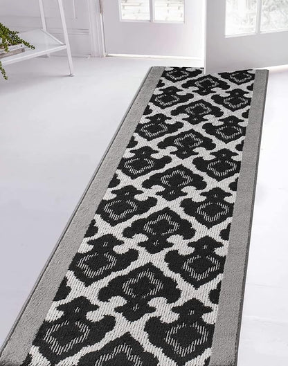 Custom Length Cut to Size Fleur de Lis Inspired Carpet Runner Rug for Hallways, Non Slip Rubber Backed, 31 inch Wide X Customized Length, Royal Grey, 31 inch X 20 feet