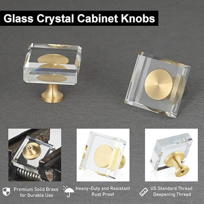 QOGRISUN 2-Pack Brass Crystal Cabinet Knobs,Glass Crystal Gold Drawer Knobs,1-1/8-Inch Square,Decorative Dresser Pulls, Modern Cabinet Hardware