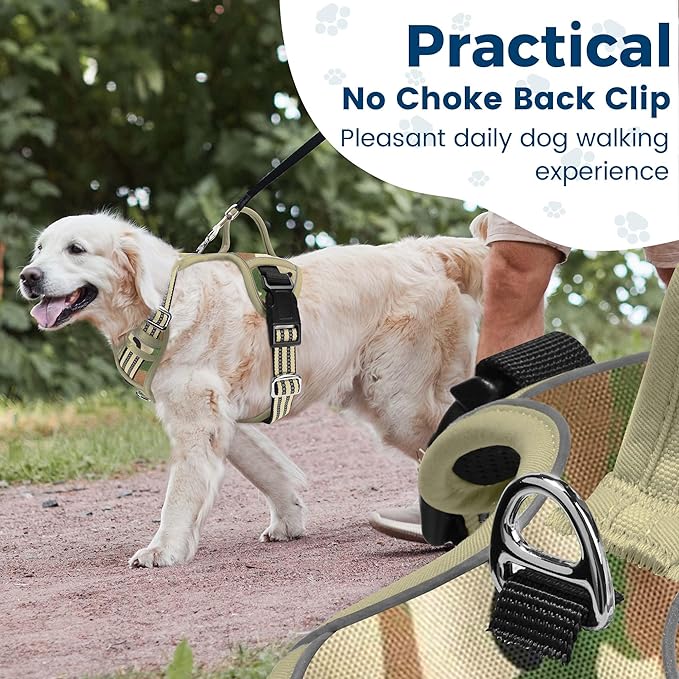 Funfox Dog Harness No Pull, Adjustable Pet Vest Harness, Super Soft Material with Vertical Handle Easy Control, Reflective Night Walking, 2 Leash Clips for XLarge Dogs, Camo Green, XL-Mewly Pet