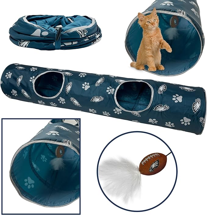 NFL Philadelphia Eagles Cat Tunnel Tube Toy with Plush Football Catnip and Feathers Collapsible Tunnel for Cats to Play, Peek and Hide, Sporty & Fun Cat Tunnel Toy with Team Logo All-Over Design!-Mewly Pet