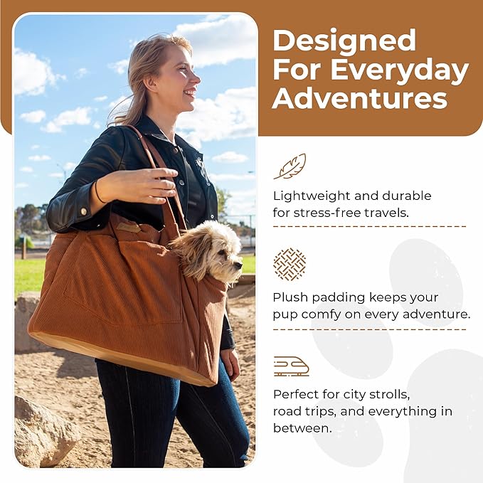 Corduroy Dog Carrier - Lightweight Cotton Soft-Sided Pet Tote with Safety Harness Clip - Breathable Travel Carrier for Small Dogs and Puppies (Brown)-Mewly Pet