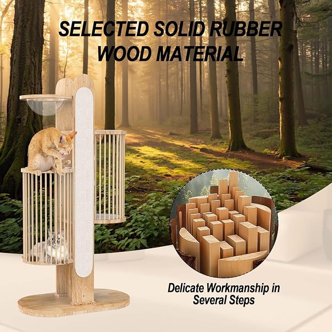 Modern Cat Tree Tower for Indoor Cats, 67" Tall Solid Wooden Cat Tower with Scratching Posts, 6 Level Natural Luxury Cat House with Big Bed, Washable Cushions Cat Furniture for Large Cats White-Mewly Pet