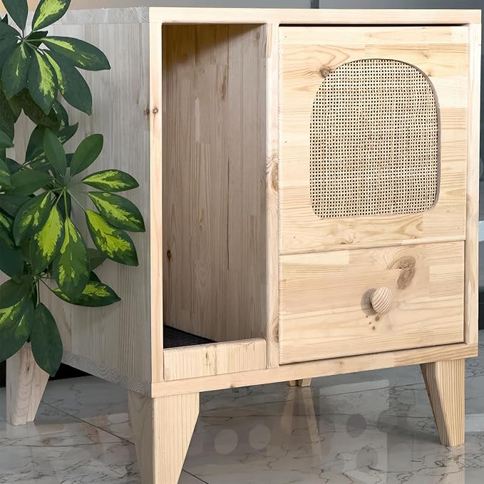 Cat Litter Box | Hidden Litter Box Furniture with Removable Divider | Wooden Cat Washroom Furniture | Indoor Cats House (Natural)-Mewly Pet