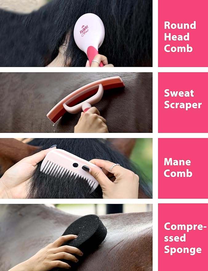 9PCS Horse Grooming Kit Curry Comb Sweat Scraper Horse Bathing Supplies Grooming Tools with Storage Bag Pink Garnet-Mewly Pet