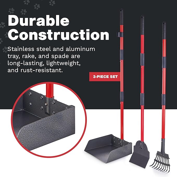 Pooper Scooper for Large Dogs, Small Dogs and Horses, Metal Poop Scooper Set with Long Handle Rake, Spade and Tray for Yard, Grass, Dirt or Gravel, Heavy Duty Aluminum Poop Picker Upper-Mewly Pet