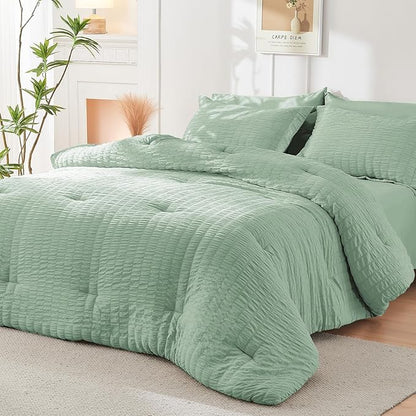 HYMOKEGE Sage Green King Size Comforter Set Seersucker 7 Pieces, All Season Luxury Bed in a Bag for Bedroom, Bedding Set with Comforters, Sheets, Pillowcases & Shams