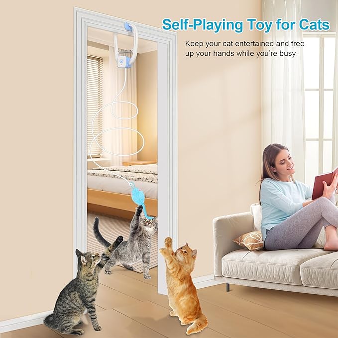 Cat Toy, Upgraded Smart Interactive Cat Toys with Remote Control, USB Rechargeable Door Hanging Retractable Kitten Toy for Self Play, Teaser Electronic Feather Cat String with 3 Plush Mice-Mewly Pet