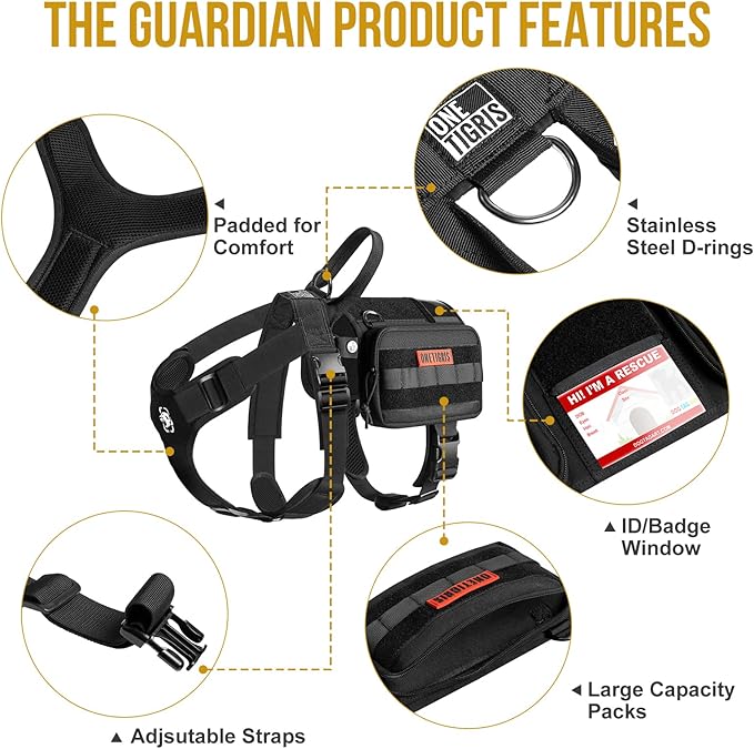 OneTigris Service Dog Vest Harness, Service Dog Cape Guardian Dog Backpack Harness with Pouches Dog Saddle Bag for Small Medium and Large Dogs (Black, M)-Mewly Pet