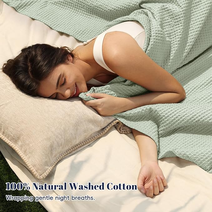 PHF 100% Cotton Waffle Weave Blanket King Size for Bed,Snag Proof Lightweight Breathable Throw for Couch,Great for Layering in Cold Weather,Machine Washable,Home Decor Gift-Sage Green