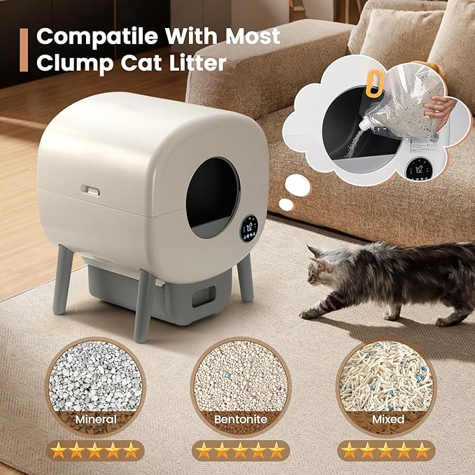 Self Cleaning Litter Box,Large Capacity Automatic Cat Litter Box Self Cleaning for Multiple Cats with App Control and Safety Protection,2 Roll Litter Bags,White-Mewly Pet