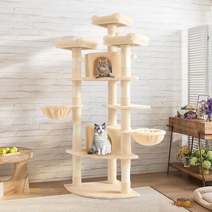 SHA CERLIN 73in Fan-Shaped Corner Cat Tower for Save Space/Multi-Level Tall Cat Tree for Indoor Kitties/Condo with Baskets/Cozy Perches/Sisal Scratching Posts/Pet Activity House/Beige-Mewly Pet