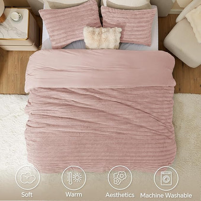 BEDELITE Fleece King Comforter Set -Super Soft & Warm Fluffy Pink Faux Fur Bedding, Luxury Fuzzy Heavy Bed Set for Winter with 2 Pillow Cases
