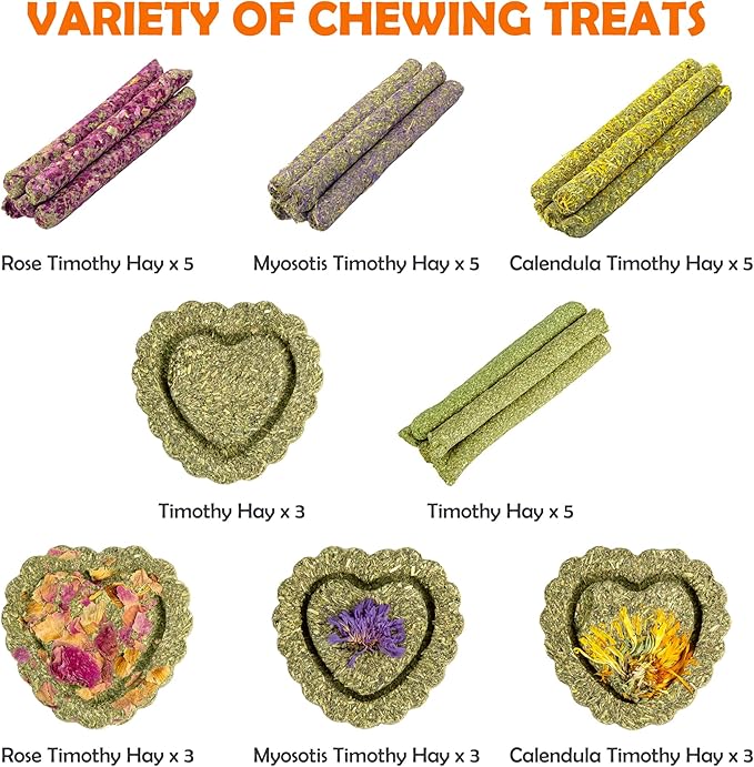 Sofier Timothy Hay Treats Rabbit Toys Bunny Guinea Pig Hamster Natural Chews for Teeth Handmade Rabbit Chews and Treats Chinchilla Rat Gerbil-Mewly Pet