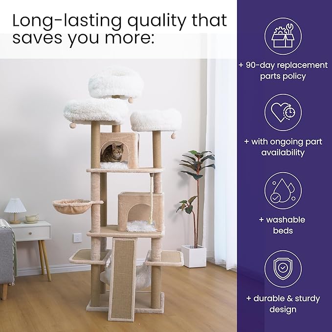 Catry 74.5" High 7-Level Extra Large Cat Tree with 2 Condos,2 Hammock,3 Washable Top Beds, Scratching Ramp Pad, Replaceable Scratching Posts, for Multi-Cat Homes (Light Brown &White)-Mewly Pet