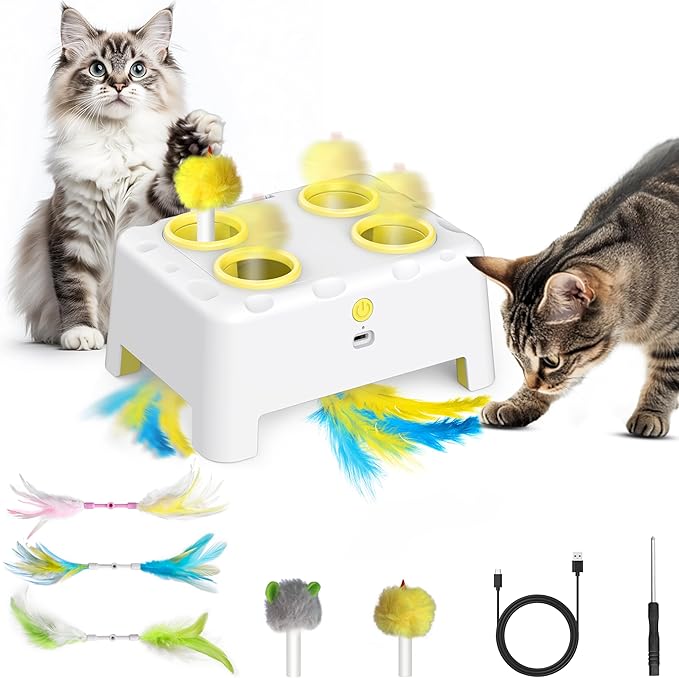 Cat Toys, 2 in1 Automatic Interactive Cat Toys for Indoor Cats, 4 Holes Mice Whack a Mole Cat Mouse Toy with Moving Feather, Rechargeable USB Power Kitten Feather Toys for All Breeds (Yellow)-Mewly Pet
