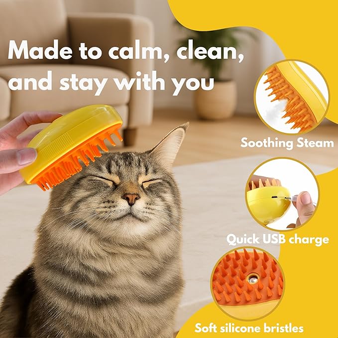 Steam Cat Brush for Indoor Cats – Mist Spray Comb for Shedding & Hair Removal | Silicone Pet Grooming Tool for Long-Haired Cats & Dogs-Mewly Pet