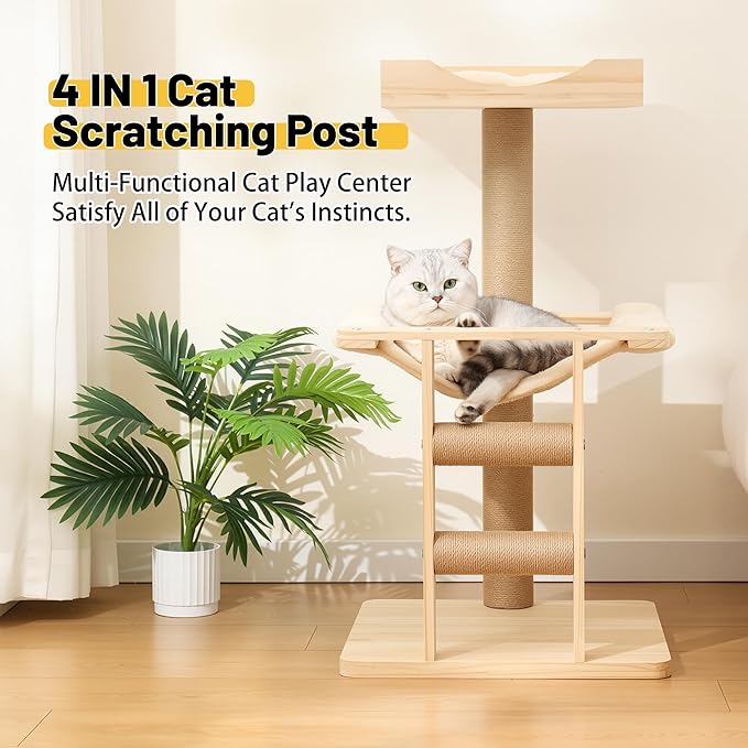 KVIDA Extra-Sturdy Wooden Cat Tree for Large Cats – Modern 3-Level Tower with Hammock, Anti-Tip Sisal Posts & Oversized Perch, Ideal for Indoor Big Cats & Multi-Cat Homes-Mewly Pet