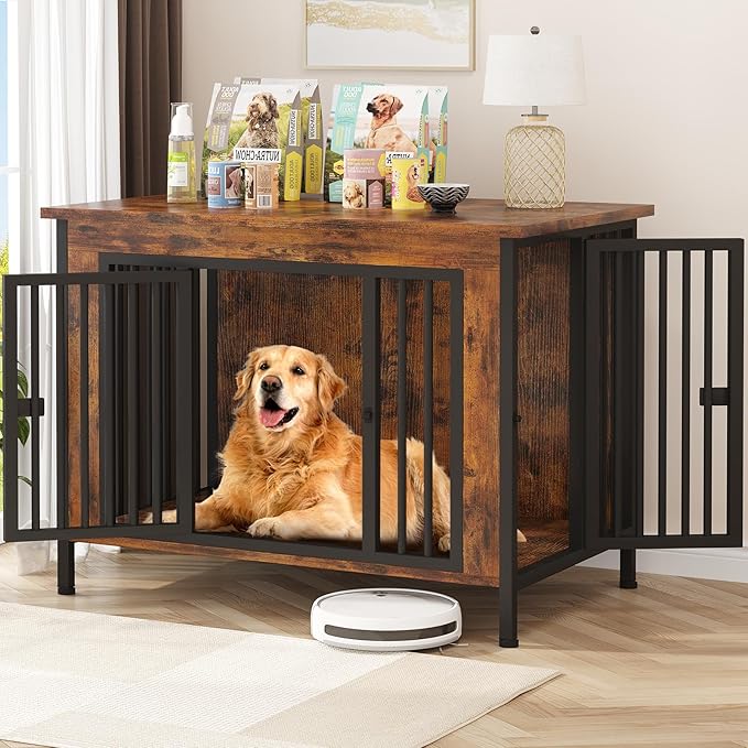 EasyCom 39.96" XL Wooden Large Dog Crate Furniture for Medium and Large Breed, Chew-Resistant Dog Kennel Furniture Indoor with 2 Doors and 3.94" Raised Feet, as TV Stand, End Table, Crate Table-Mewly Pet