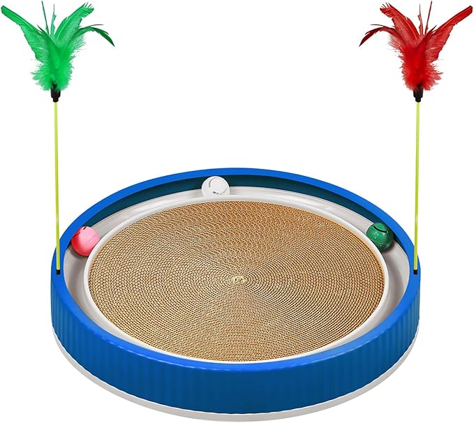 20-Inch Round Cat Scratcher with Ball Track – 3-in-1 Cardboard Scratching Pad with Feather Toy & Non-Slip Base – Interactive Cat Toy for Indoor Cats, Kittens & Large Cats (Blue)-Mewly Pet