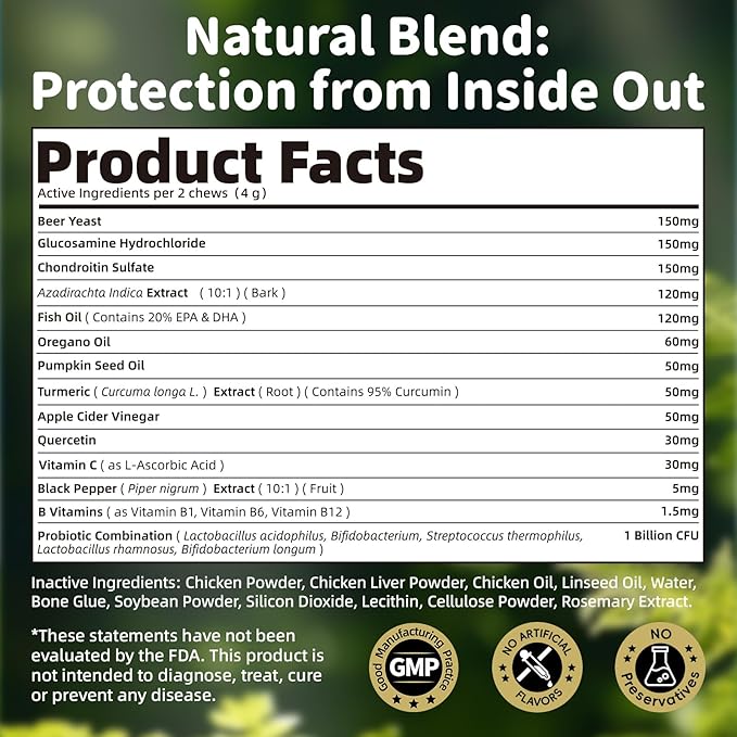 Dog Flea and Tick Support Chewable, Natural Dog Flea Comfort Supplement, Oral Chews with Neem, Oregano Oil, Pumpkin Seed Oil & Brewer's Yeast – 135 Soft Chews, Chicken Flavor – for All Breeds & Sizes-Mewly Pet