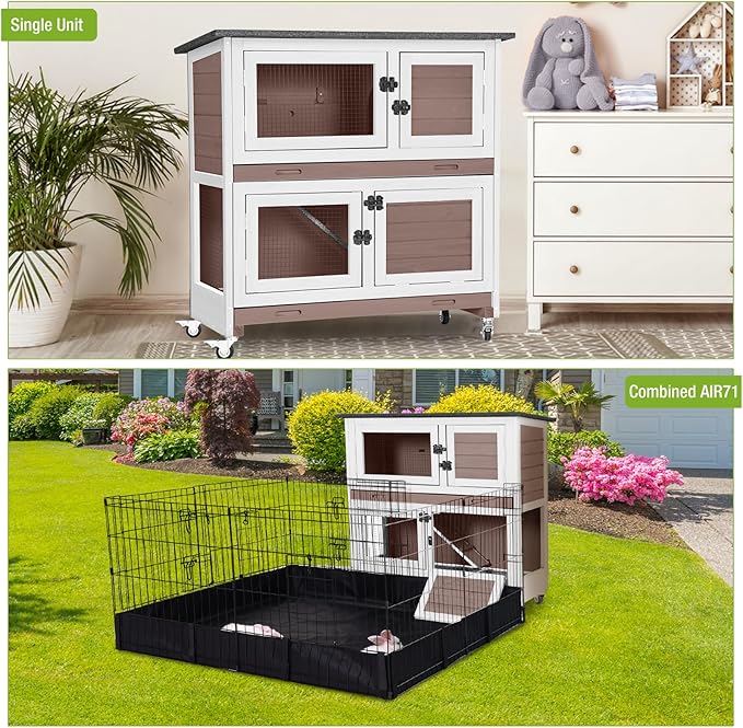 GUTINNEEN Rabbit Hutch Indoor with Chew-Proof Design, Wooden Bunny Cage Guinea Pig Cages with Lockable Wheels, Leak-Proof Trays for 1-3 Rabbits, Guinea Pigs, Small Animals (Brown)-Mewly Pet