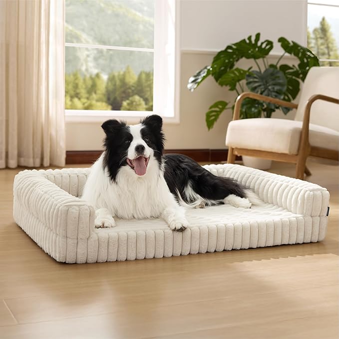 Bedsure Orthopedic Dog Beds Large Sized Dog, Waterproof Memory Foam Pet Bed with Sides, Non-Slip Bottom and Egg-Crate Foam Large Pet Couch Sofa with Washable Removable Corduroy Cover, Cream-Mewly Pet