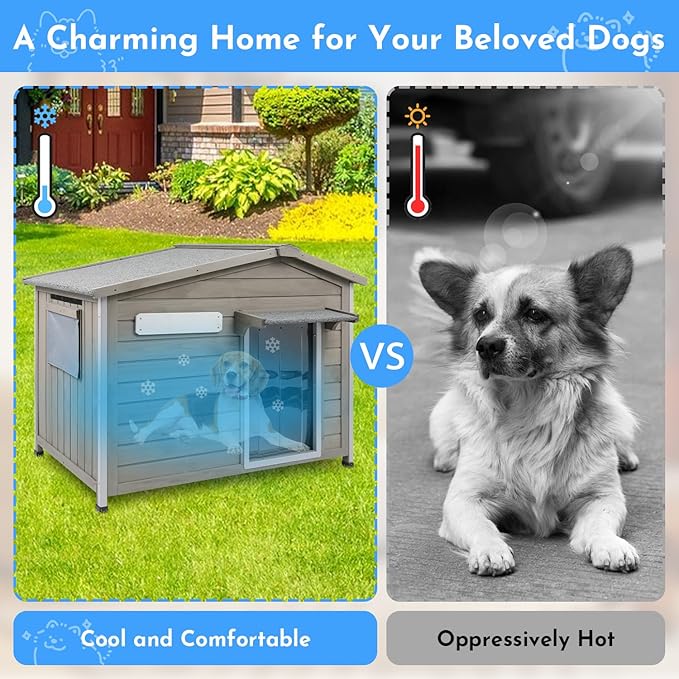 Outdoor Dog House Weatherproof Large Wooden Dog Kennel Indoor for Small Dogs with Chew-Proof Frame, Oxford Fabric Window, Removable Floor Pet Shelter (Grey, 40.1" D x 26.4" W x 28" H)-Mewly Pet