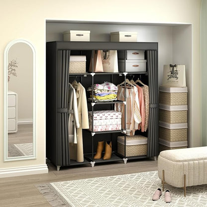 Portable Closet Wardrobe, 51-Inch Clothes Organizer with 2 Hanging Rods and 8 Shelves, Non-Woven Fabric Cover, Medium Capacity Storage for Bedroom and Living Room, Black