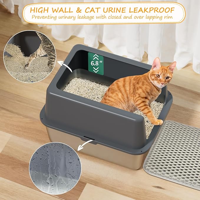 Stainless Steel cat Litter Box, Covered Metal Litter Box, cat Litter Pans with high Sides, Kitty Litter Boxes for Indoor Cats (Non Sticky, Easy to Clean, Anti-Urine Leakage) 17.5" L x 13.5" W x 6" H-Mewly Pet