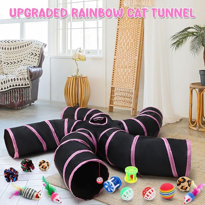 Poen 21 Pcs Cat Tunnel for Indoor Set Collapsible 5 Way Tubes with 20 Pcs Cat Kitten Toys Interactive Feather Toy Mouse Crinkle Balls Tube for Puppy Kitten Rabbit(Pink Black)-Mewly Pet
