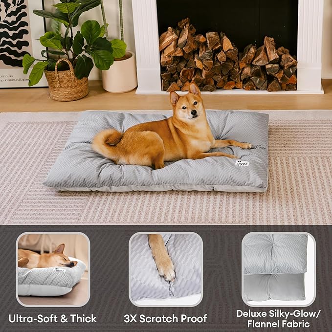 FUNNY FUZZY Washable Dog Bed,Reversible Plush Dog Crate Mat, Soft Fluffy Kennel Pad,Pet Sleeping Mattress for Large,Jumbo,Medium Sized Dogs Breeds,Indoor Cats,41.7" × 28.3", Light Grey-Mewly Pet