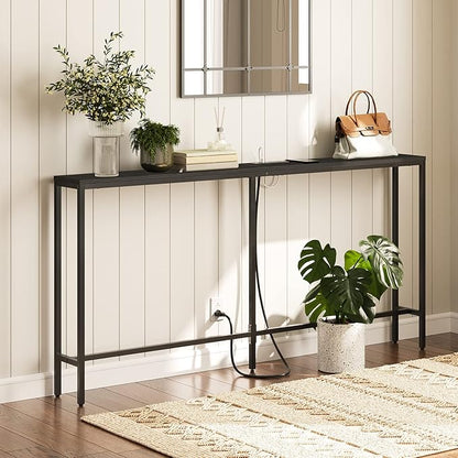 63" Console Table with Power Outlet, Narrow Sofa Industrial Entryway Behind Couch Table with USB Ports for Entryway, Hallway, Foyer, Living Room, Bedroom, Black CTHB16E01