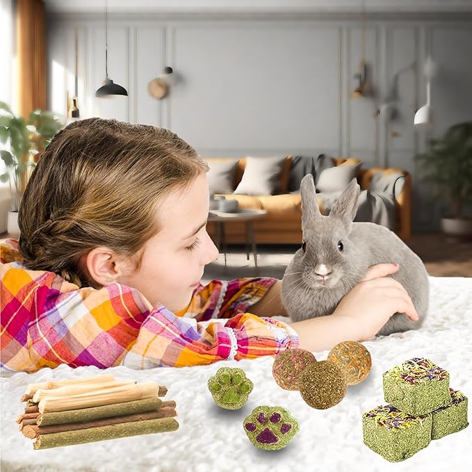 Grddaef Rabbit Toys, Guinea Pig Toys 25 Pcs Natural Timothy Hay Bunny Chews and Treats for Hamster Chinchilla Gerbil-Mewly Pet