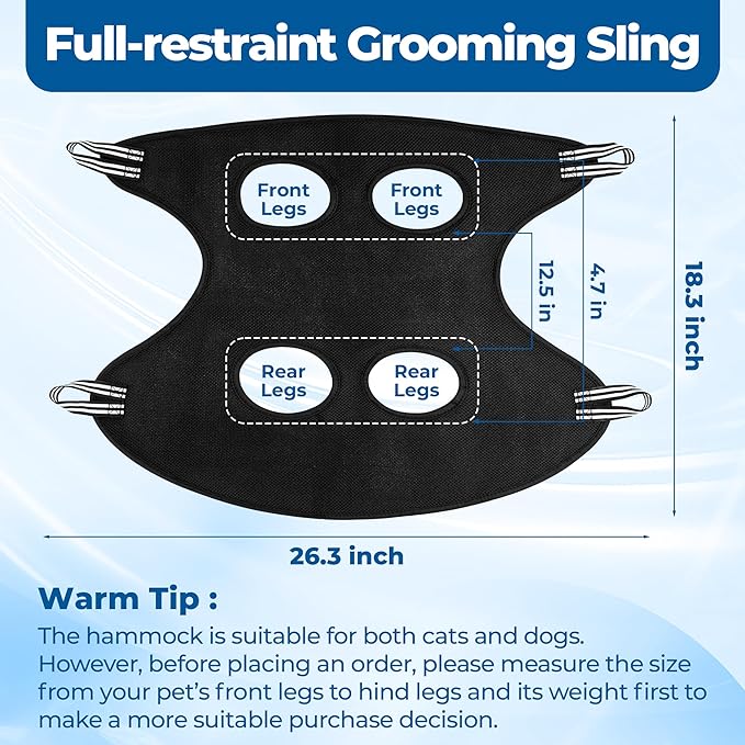 Pet Grooming Hammock for Cats & Dogs, Breathable Mesh Dog Hanging Harness for Nail Trimming, Grooming, Bathing Includes S Hooks, Comfortable Dog Grooming Harness (Black)-Mewly Pet