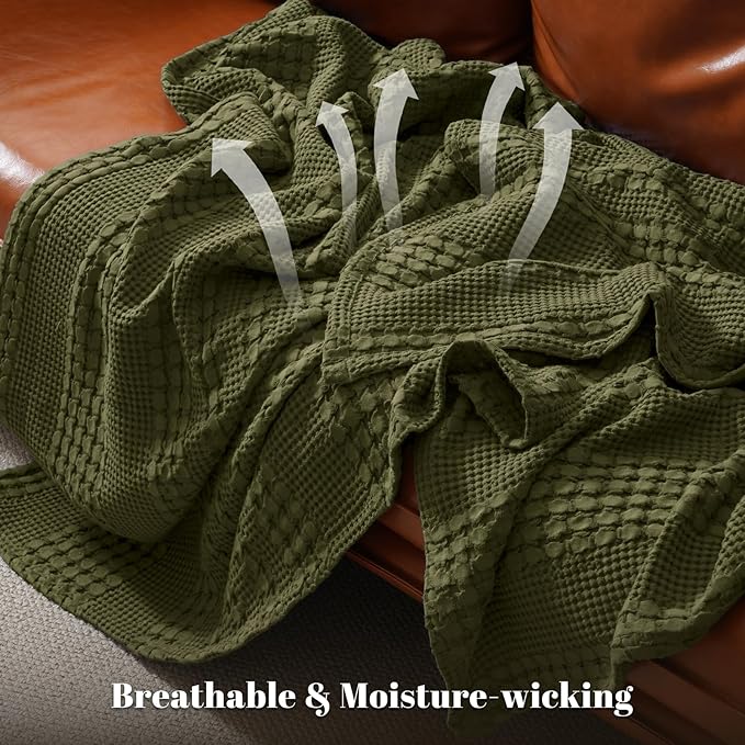 PHF 100% Cotton Waffle Weave Blanket Twin Size for Bed, Soft Lightweight & Breathable, All-Season Comfort, Luxury Aesthetic Woven Bedding for Home Decor, 66"x90", Capulet Olive