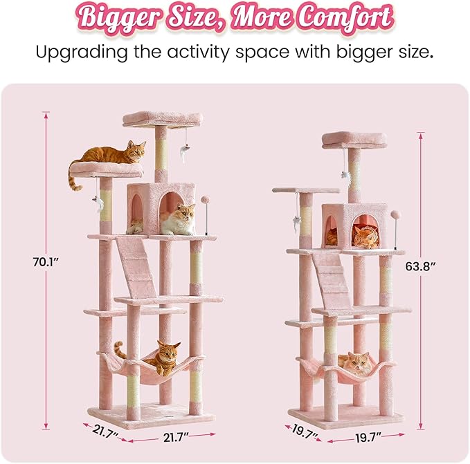 MWPO 70.1-Inch Pink Large Cat Tree, Multi-Level Tall Cat Tower for Indoor Cats, Plush Cat Condo with Big Padded Perches, Sisal-Covered Scratching Posts, Hammock, Toys for Kittens & Cats-Mewly Pet