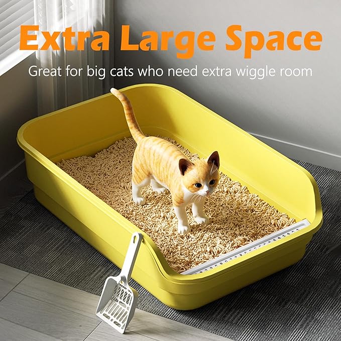 Extea Large Cat Litter Box with High Sides,Cat Boxes for Indoor Cats,Cat Litter Pan for Kitty,Litter Box with Low Entry,Easy to Clean,Anti-Splashing,23.6" x15.7" x6.2" (Grey)-Mewly Pet