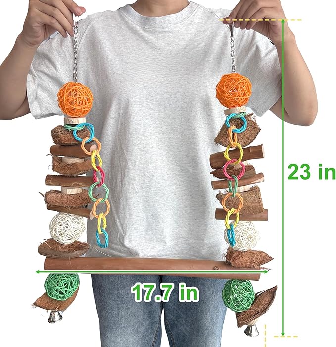 3-in-1 Parrot Toys Natural Coconut Fiber Parrot Hammock (Swing + Perch + Chew Toy) Natural Bird Perches for Medium Large Birds - 23" Bird Toys for Parrots Stand-Mewly Pet