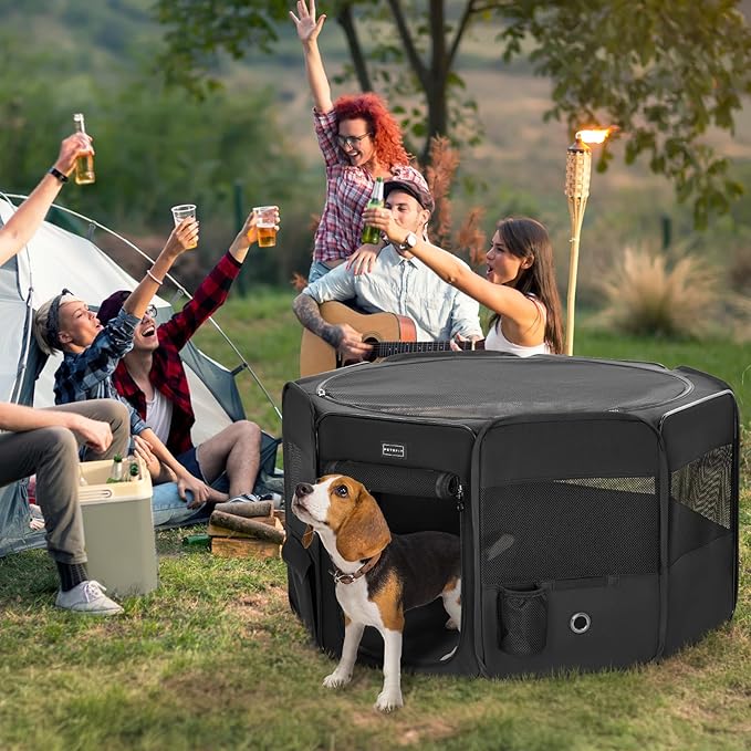 PETSFIT 29" Puppy Playpen with Removable Waterproof Mat & Zippered Roof | RV, Camping, Travel Dog Pen | Indoor/Outdoor Whelping & Cat Observation Space(29.5"x29.5"x16.5"H)-Mewly Pet