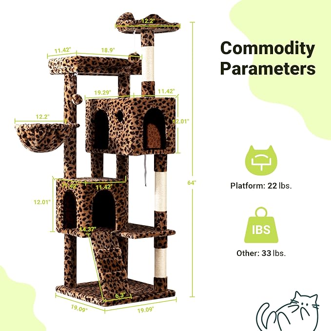 Allewie 64 Inches Cat Tree Tower/Multi-Level Activity Center for Indoor Big Felines/2 Plush Condos/2 Perchs/Basket/House/Sisal Scratching Posts/Hanging Cat Toys/Leopard Print-Mewly Pet
