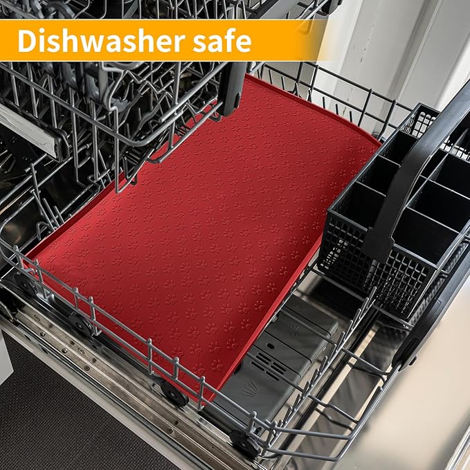 Ptlom Dog Food Mat Anti-Slip Pet Bowl Mats for Food and Water, High-Lips Pet Placemat Prevent Messy Spills to Floor, Waterproof Puppy Feeding Tray for Small, Medium Large Dogs Cats, Silicone-Mewly Pet