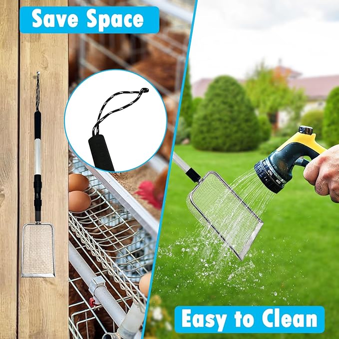 PINVNBY Stainless Steel Chicken Poop Scooper 3 in 1 Adjustable Long Handle Poop Scooper for Chicken(22.3" to 47.6") Multifunctional Chicken Coop Cleaning Tools Sifting Shovel Chicken Coop Accessories-Mewly Pet