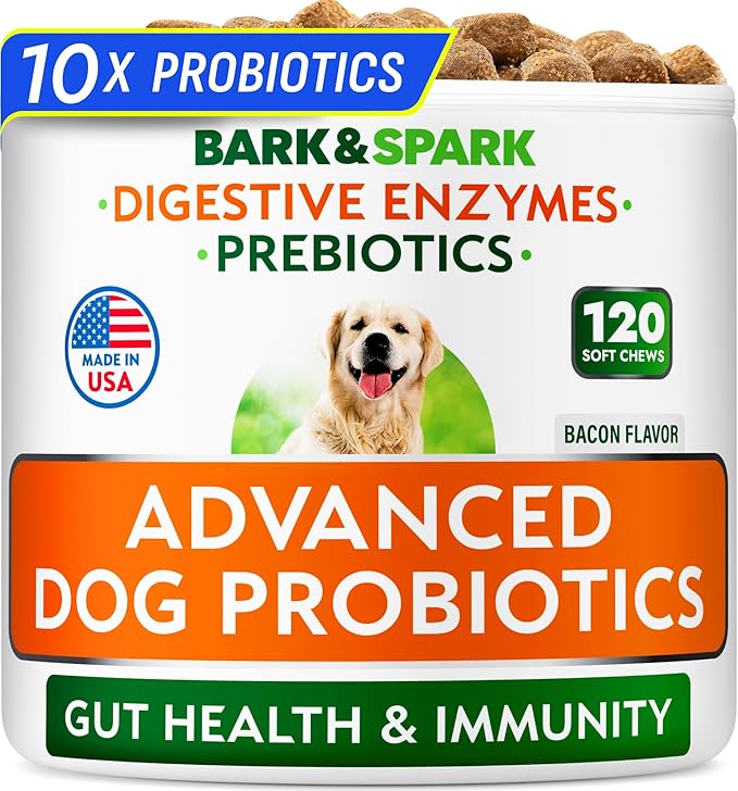 Bark&Spark Vet Strength Dog Probiotics Chews & Digestive Enzymes for Allergies Itchy Skin - Dogs Digestive Health - Gas, Diarrhea, Constipation Relief Pills - Prebiotics for Dogs Gut Health (120 Ct)-Mewly Pet