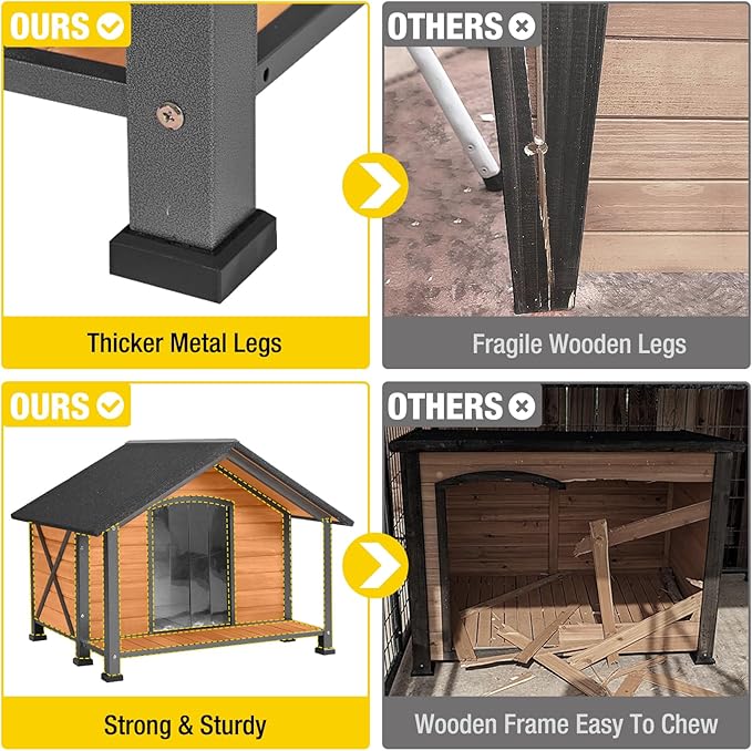 Aivituvin Dog House with Anti-Chewing Metal Frame Outdoor Large Wooden Dog Kennel Outside with Overhang Roof Large Porch Weatherproof-Mewly Pet