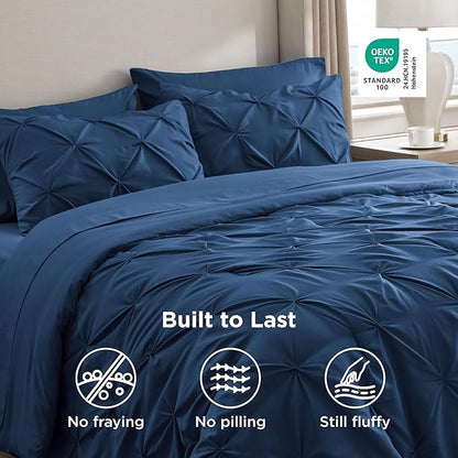 Bedsure California King Comforter Set Navy - Bed in a Bag Cal King Bedding Set 7 Pieces, GentleSoft™ Pintuck Bed Set Gift for Family, Pinch Pleat Navy Comforter with Sheets, Pillowcases & Shams